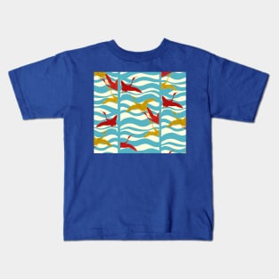 RED YELLOW FLYING CRANES ON WHITE BLUE SEA WAVES Kids T-Shirt